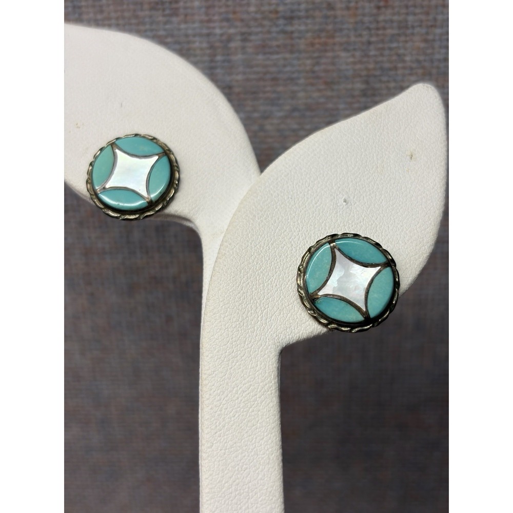 Vintage Native American Hand Made Turquoise Mother Of Pearl Inlay Studs Unique